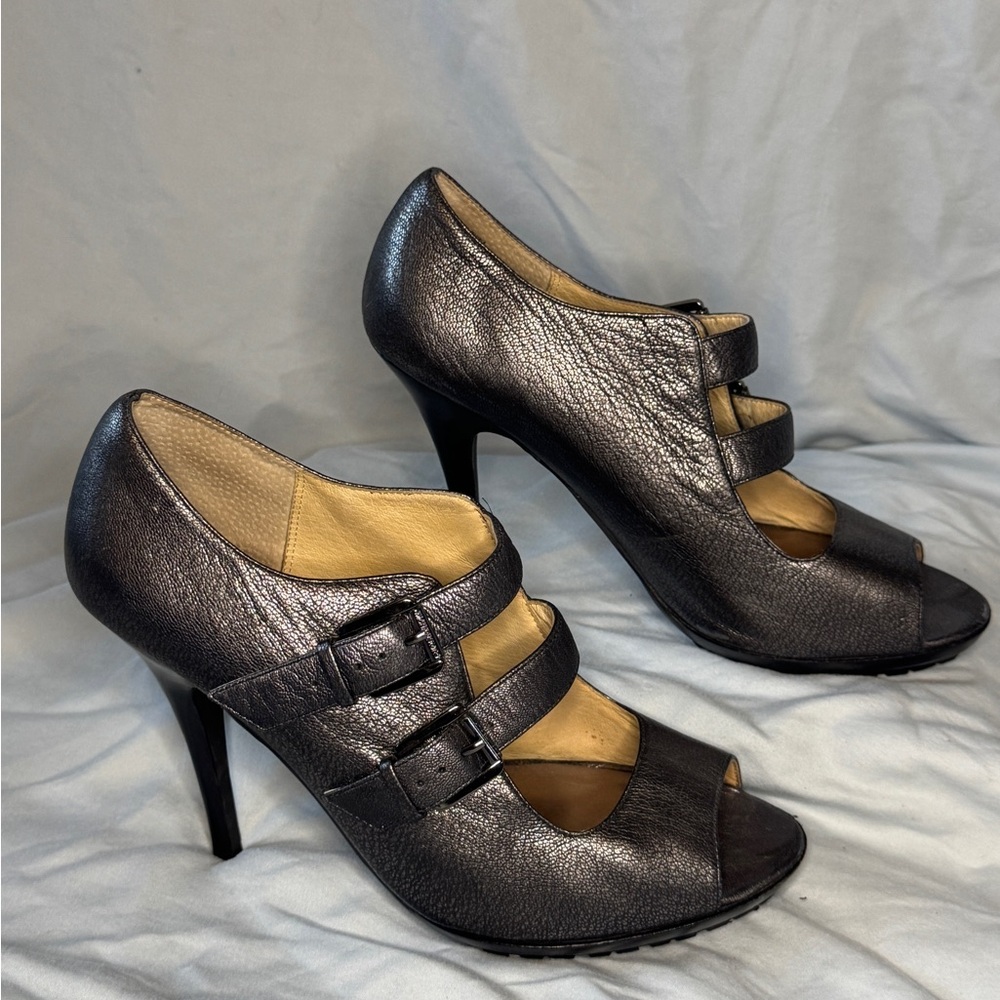 Michael Kors Metallic Pewter Leather Peep Toe Mary Jane Heels Size 10M